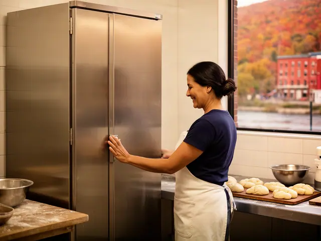 A woman with dark hair in a low bun beside new equipment in a small Italian bakery.
