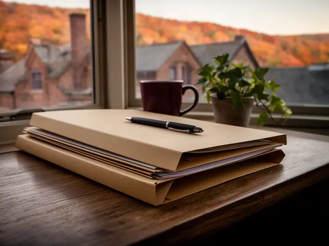 A neat stack of closed manila folders and a pen on a desk by a window.