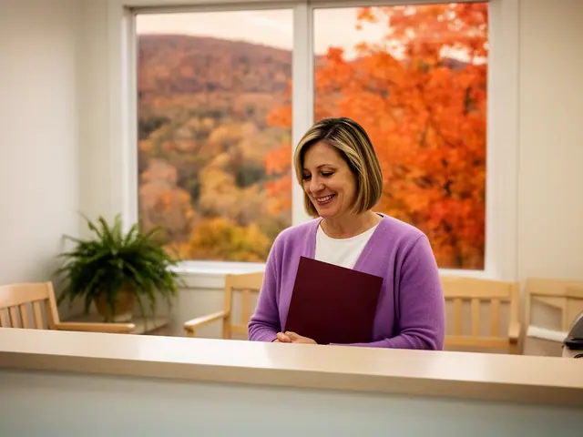 A clinic office manager holding a folder behind a reception counter.