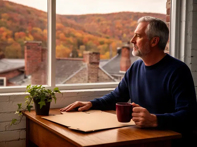 A man with short gray hair at a desk with a folder and a mug in a small back office.
