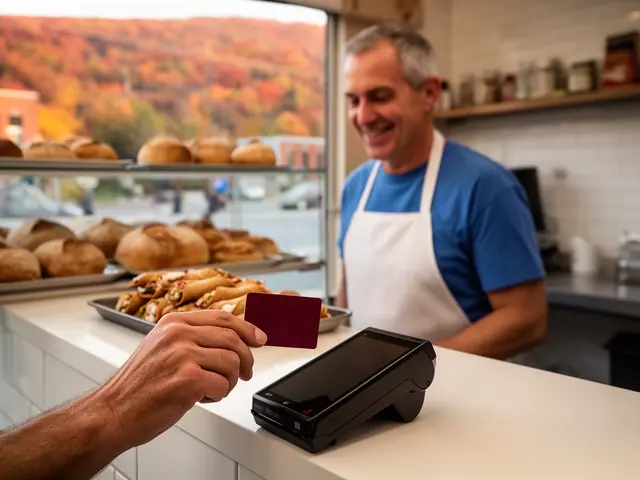 A customer taps a card on a counter terminal at a small Italian bakery.