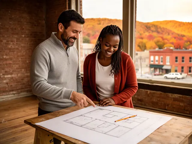 Two business partners looking over a pencil floor sketch in an empty storefront.