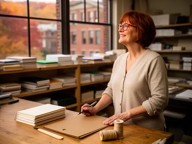 A woman with short auburn hair and red-framed glasses at a work table with a closed folder in a small bookbinding and stationery workshop.